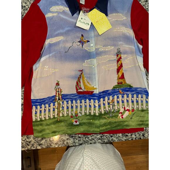 The Quacker Factory Shirt Nautical Sequins Size 2X 100% Silk Vintage NWT - Picture 2 of 12